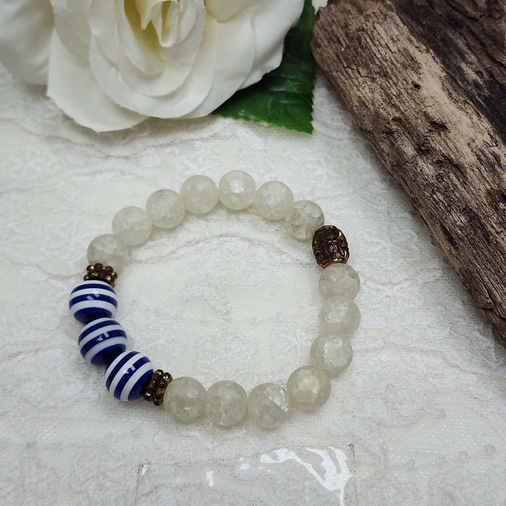 Elegant White and Blue Beaded Bracelet